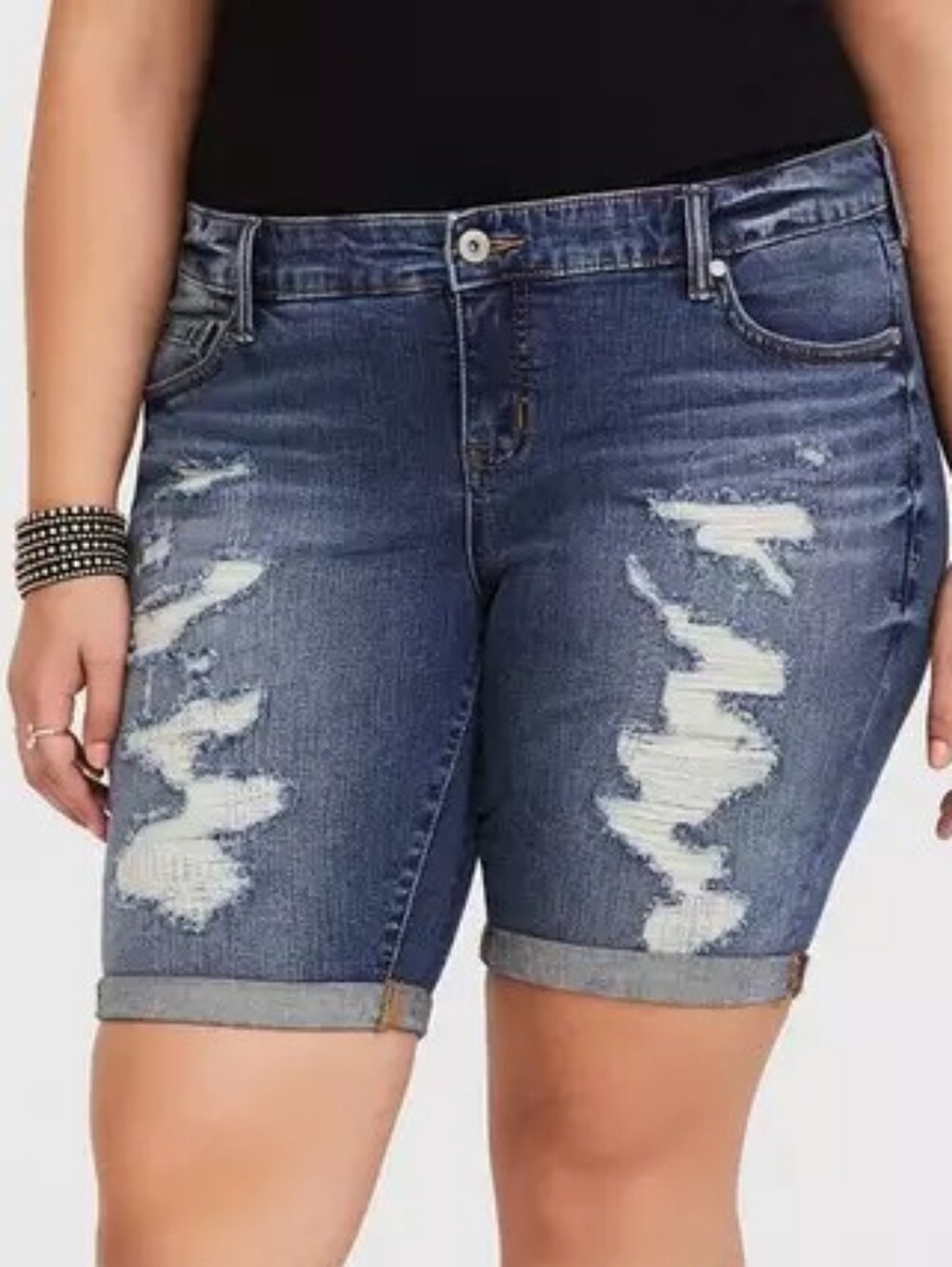 26 • Torrid • Boyfriend Bermuda Distressed Dark Blue Roll-Cuff Denim Shorts